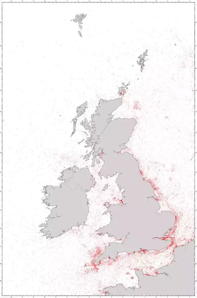 A map of shipwrecks in the foreshores of England, Scotland, Whales and Ireland.