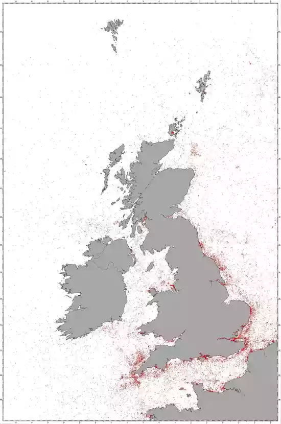 A map of shipwrecks in the foreshores of England, Scotland, Whales and Ireland.