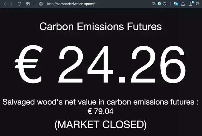 Detailed view, showing screen which displays live value of wreck wood according to the market value of carbon emission futures.