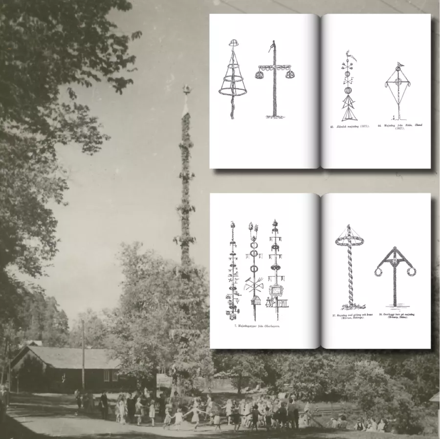 Archival image of a maypole in Fiskars c1940 with an overlay of various maypole models from the area.