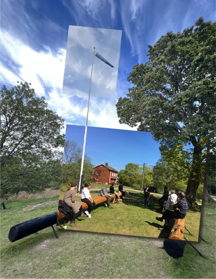 Image of people discussing during a witness seminar, sitting on wooden installation outside on the island of Seili.