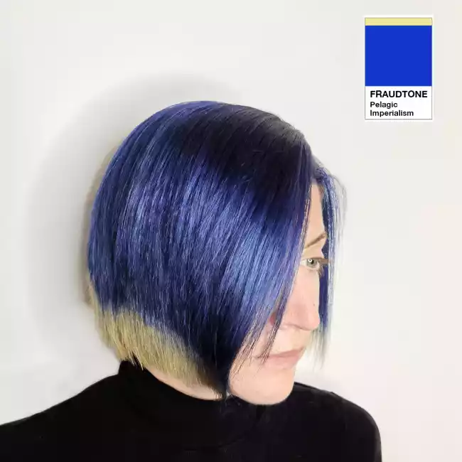 Image of a person with blue and white hair.