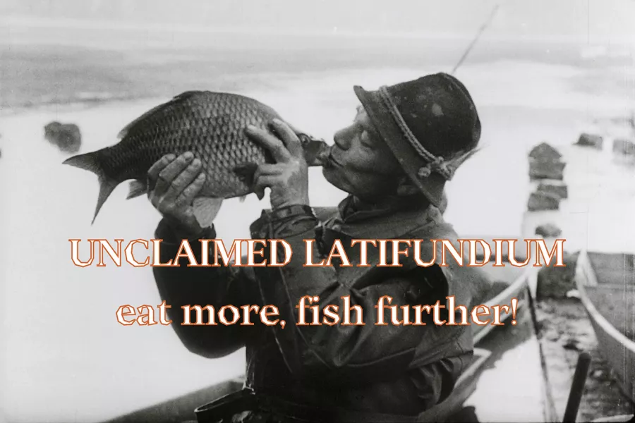 Video still of the work 'Unclaimed Latifundium', showing the title over an image of a man kissing a large fish.