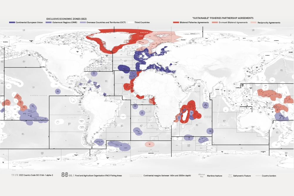 Image of the artwork 'To reap without sowing', showing a worldwide EU fishery partnership agreements map.