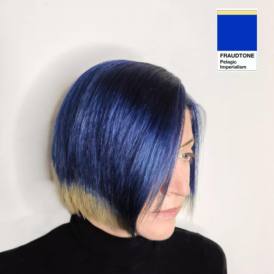 Image of the Pelagic Imperialism project by FRAUD, a hair colour which shows the pelagic zone in off-white, and the rest of the ocean in blue.