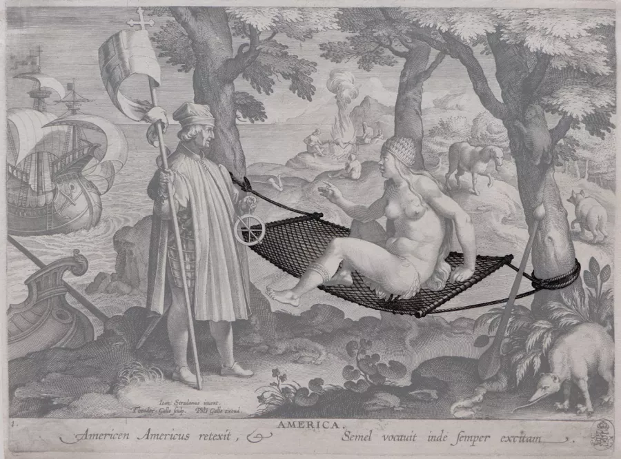 Image by Stradanus from 1630 titled: (loosely translated to) Amerigo Vespucci awakens a sleeping America.