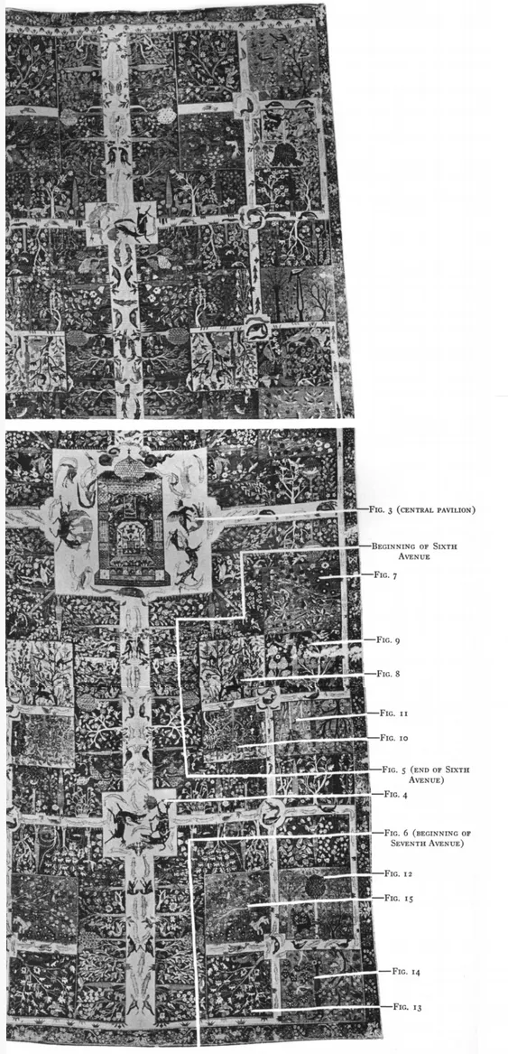 Image shows a Spring Carpet named the Jaipur Garden Carpet and the analysis of the areas it designates.